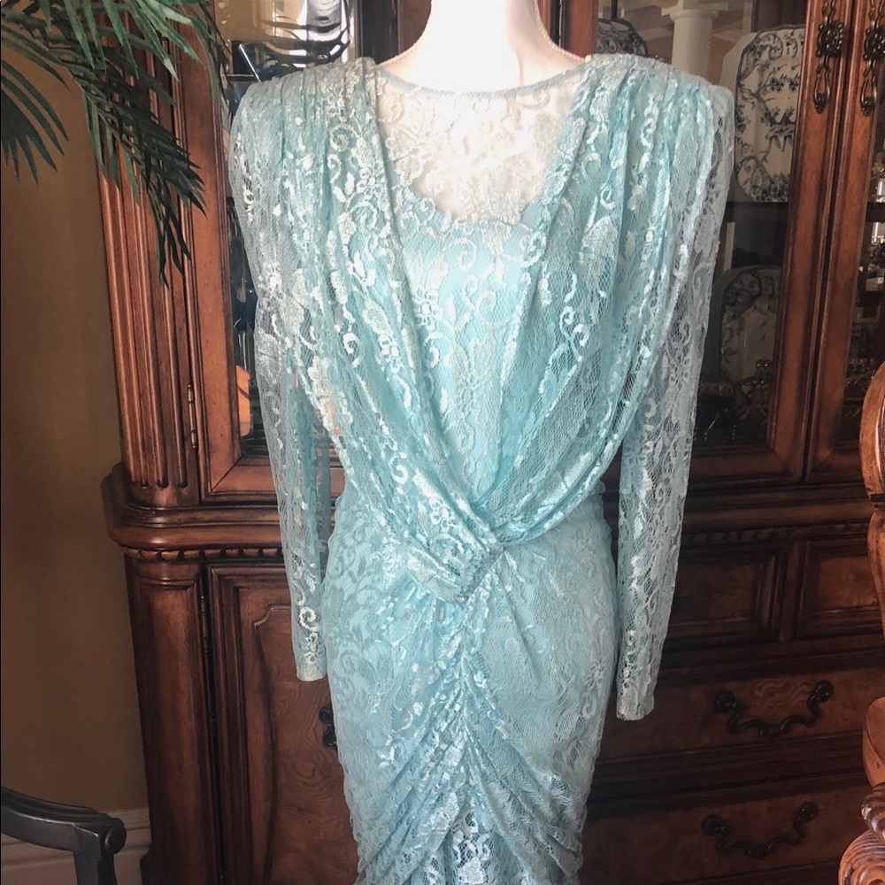 Show Stopper Lace Vintage 90’s by Filigree Aqua Blue Cocktail Dress Size 8